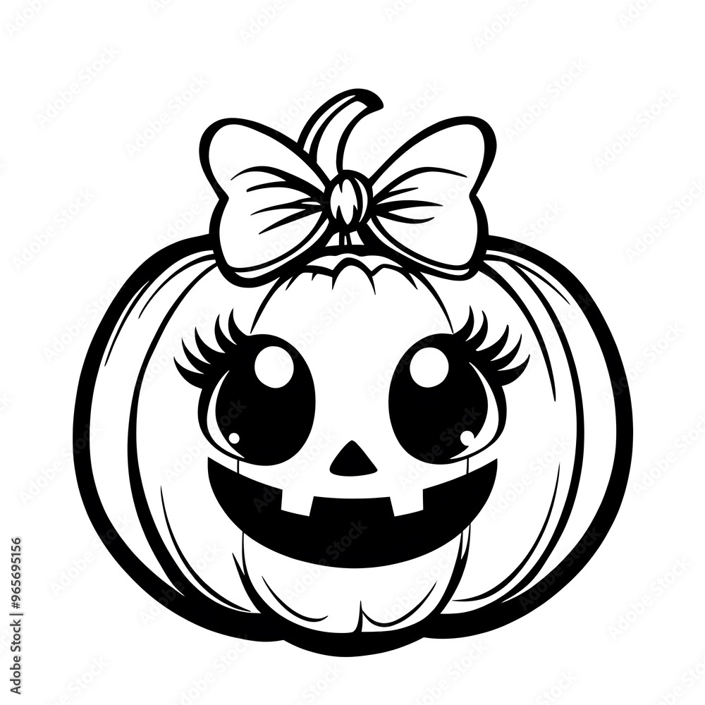 Fototapeta premium Cute Halloween pumpkin with a bow on its head, designed as a simple coloring page for preschoolers. Ideal for fun and creative Halloween activities for young children.