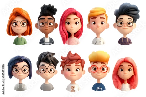 3D avatar of young, bright people of different genders on a white background. Perfect for digital projects, character design, and modern illustrations.