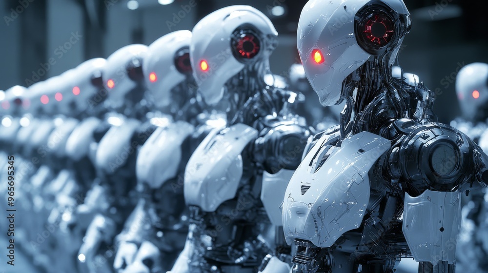 Fototapeta premium A robotics competition where various AI-powered robots perform scientific tasks, intense atmosphere.