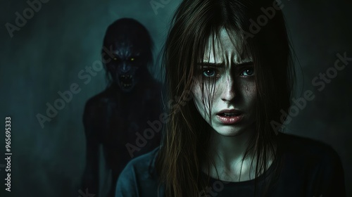 There is a demon standing behind the woman
