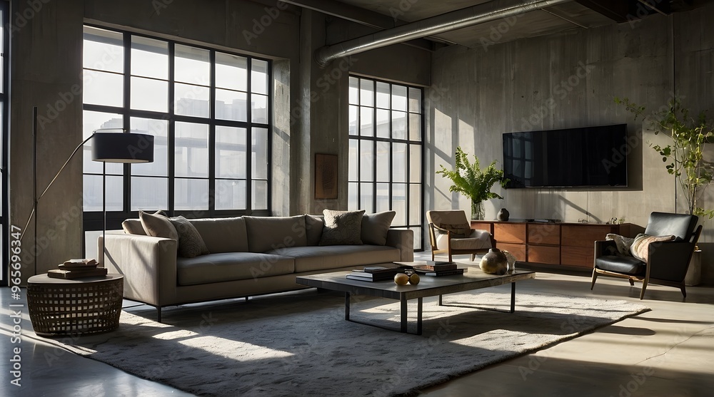 Fototapeta premium an image featuring a sleek sofa positioned against a raw concrete wall. The room exudes modern minimalism, with clean lines and an urban edge. 