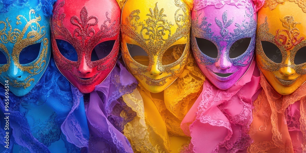 Obraz premium Colorful masks adorned with intricate designs and draped in vibrant fabrics, showcasing the beauty of festive celebrations.