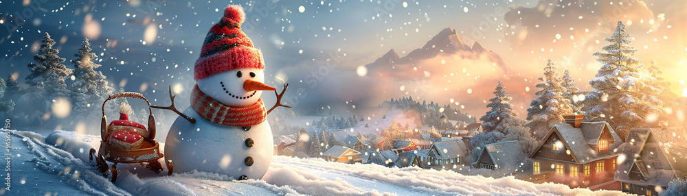 Naklejka premium Snowman with Sled in Mountain Village