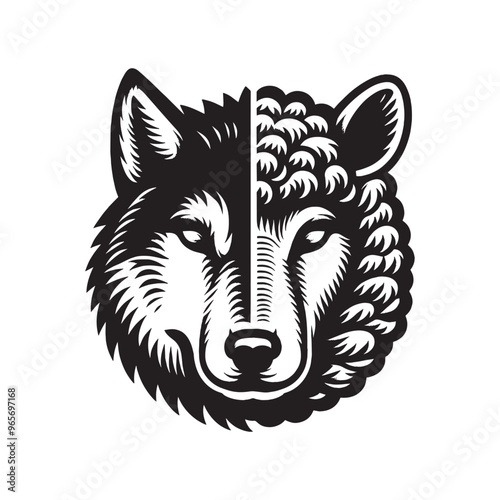 Wolf and sheep. Head, portrait. Vintage retro engraving illustration. Black icon, isolated element	