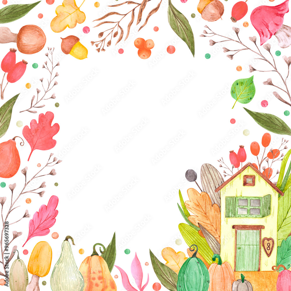 Fototapeta premium Hand drawn watercolor autumn fairytale house with berries and mushrooms frame border isolated on white background. Can be used for postcard, invitation, scrapbook and other printed products.