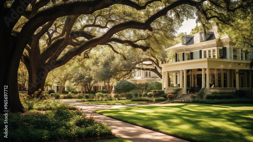  house with columns, shaded by big oak trees