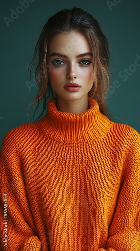 A woman in an orange sweater with her hair pulled back and a smile on her face