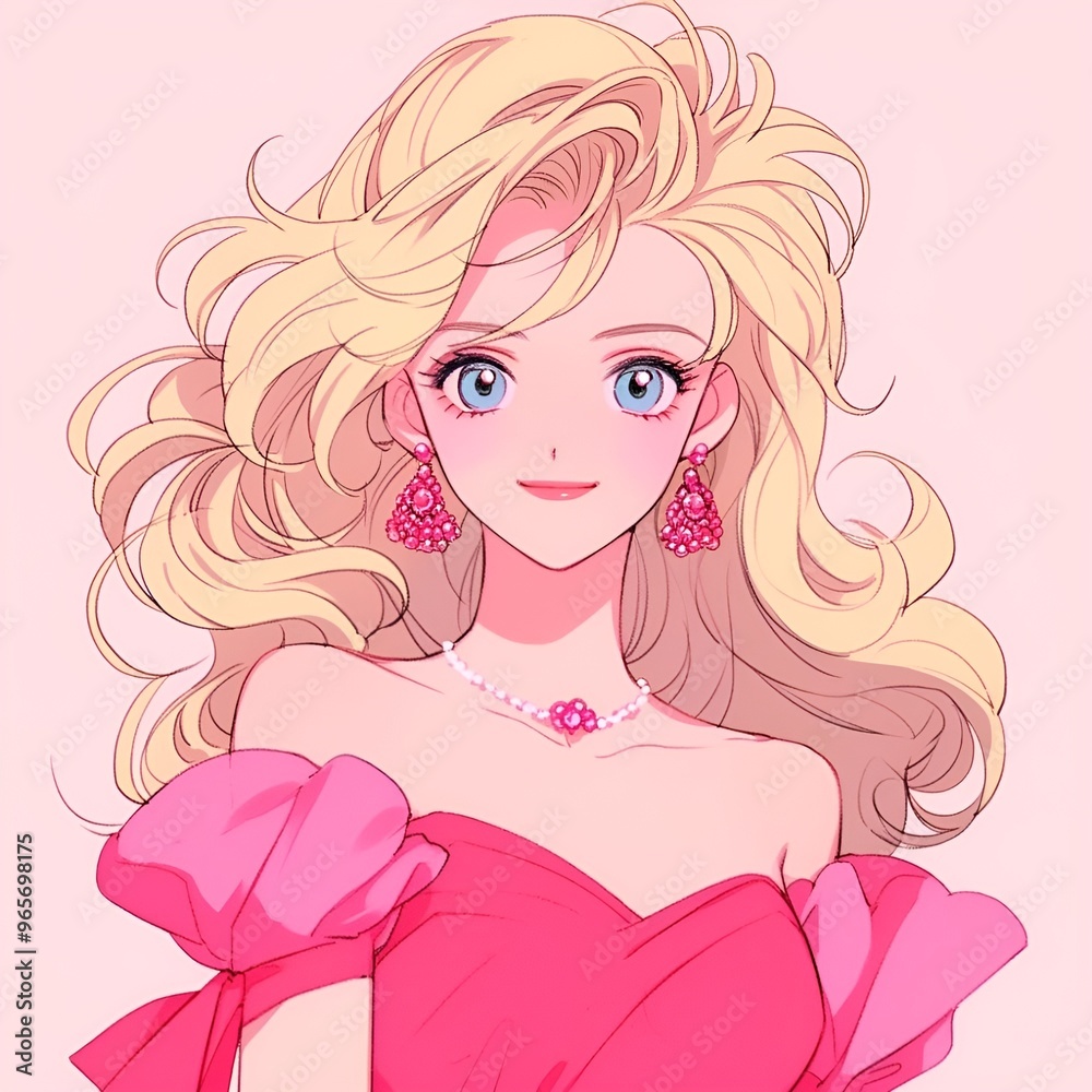 Anime-Style Blonde Woman in Elegant Pink Dress - Vibrant and Glamorous Digital Art Anime-Style Blonde Woman in Elegant Pink Dress - Vibrant and Glamorous Digital Art