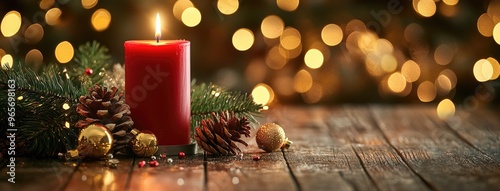 Christmas Background with Red Candle, Tree Branches, Decorations on Wooden Table, Golden Bokeh photo