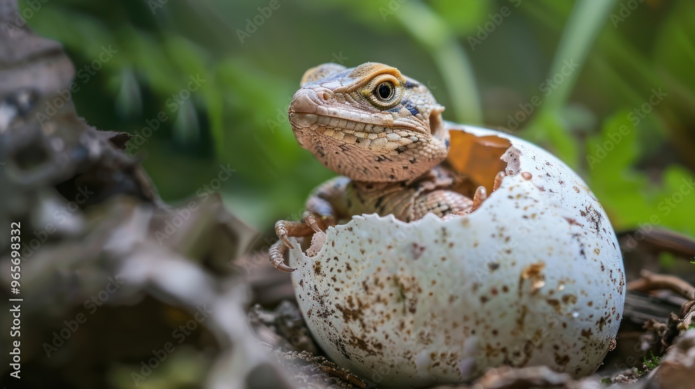 Wildlife hatching close-up, a tiny reptile emerging from its egg in a natural setting Wildlife hatching close-up, a tiny reptile emerging from its egg in a natural setting