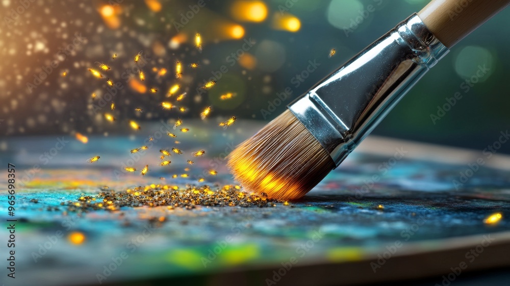 Fototapeta premium Artist's Brush Picking Up Glowing Fireflies