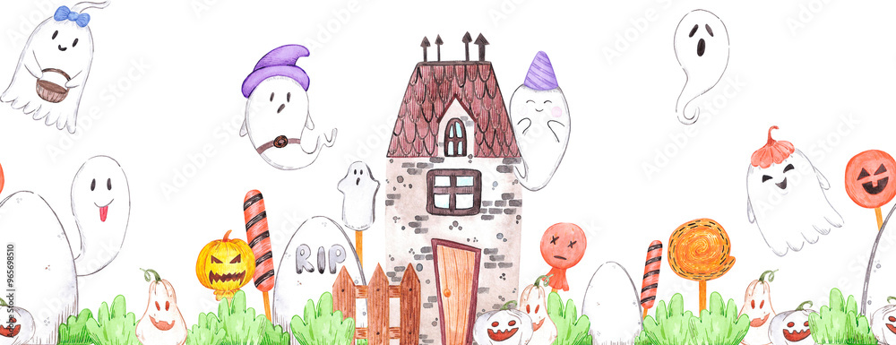 Hand drawn watercolor halloween ghosts and haunted house seamless frame border isolated on white background. Can be used for textile, fabric, scrapbook and other printed products. Hand drawn watercolor halloween ghosts and haunted house seamless frame border isolated on white background. Can be used for textile, fabric, scrapbook and other printed products.
