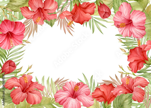Hibiscus flowers and palm leaves rectangular frame watercolor isolated illustration.