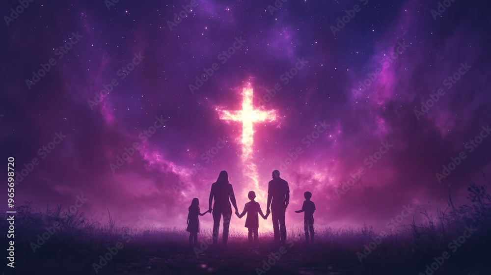 A family stands silhouetted against a vibrant purple sky, gazing towards a luminous cross, a symbol of faith and hope. . A family stands silhouetted against a vibrant purple sky, gazing towards a luminous cross, a symbol of faith and hope. .