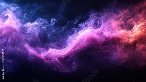 Ethereal Purple Smoke Abstract Art on Black Background. Vivid Neon Fog Texture Wallpaper with Dark Pink, Violet, White, and Amber Tones. Mysterious and Atmospheric Digital Design.