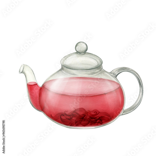 Hibiscus tea in glass teapot watercolor illustration isolated.