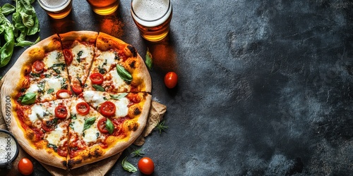 Delicious pizza topped with fresh ingredients, served with cold drinks, perfect for gatherings and casual dining.
