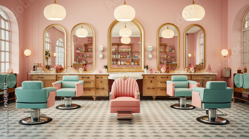  green hair salon with three styling chairs and large mirrors