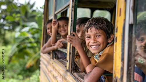 Smiling school children's rural school bus experience, passing through fields and farms