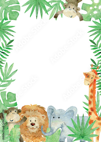 Vector Baby shower card. Watercolor safari card with animals.