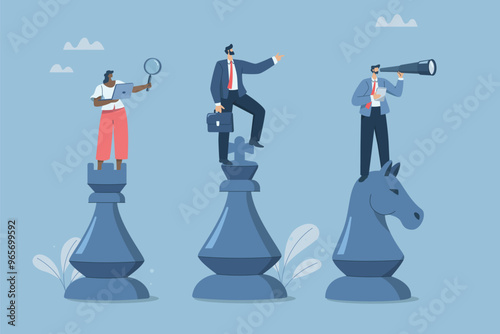 Business strategy planning, Cooperation strategy for corporate success, Business team standing on chess pieces, analysis, management, future planning, Vector design illustration.