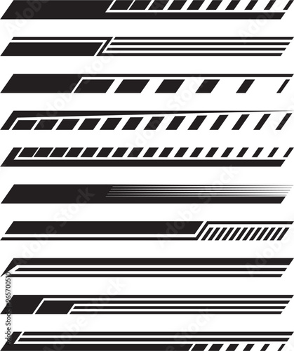 Racing stripe vector set featuring sleek automotive designs for car wraps, decals, and vehicle customization. Perfect for motorsport graphics, speed-themed branding, and high-performance car design.