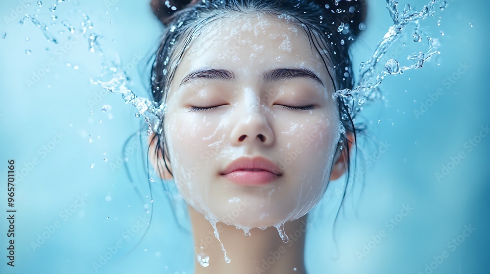 A woman with her eyes closed has water splashing over her face. A woman with her eyes closed has water splashing over her face.