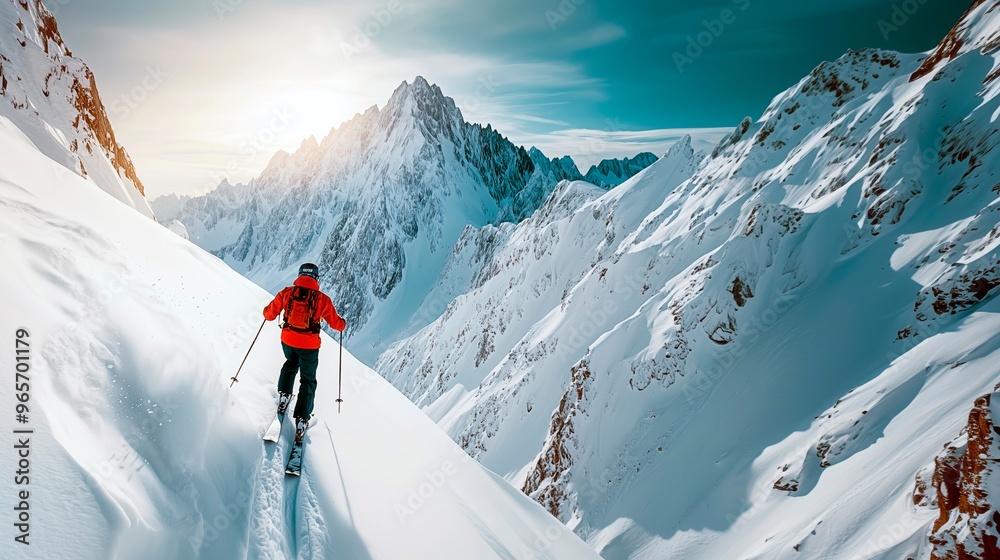 Skier navigating a snowy mountain slope during sunset in a remote area, extreme sports advertising with copy space for text, winter sport advertise, travelling advert Skier navigating a snowy mountain slope during sunset in a remote area, extreme sports advertising with copy space for text, winter sport advertise, travelling advert