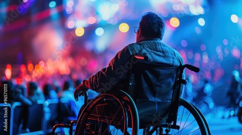 People in wheelchairs at social events, attending a live concert with friends