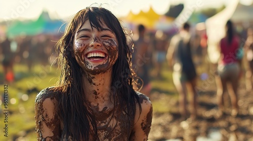 Woman smiling with muddy face and wet hair at outdoor festival with colorful tents in background
