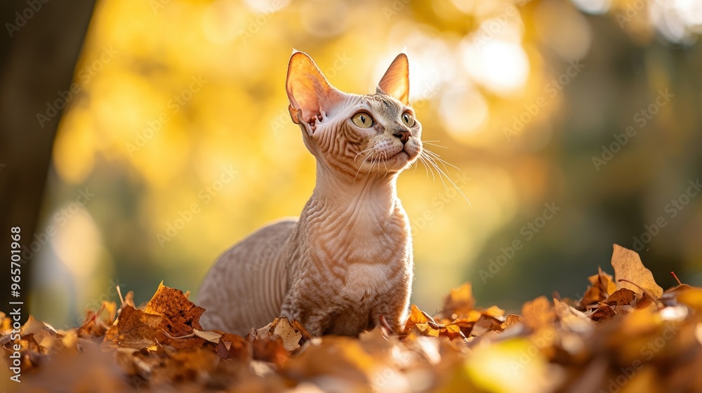 Fototapeta premium A cat sits among autumn leaves, gazing thoughtfully in a serene outdoor setting.