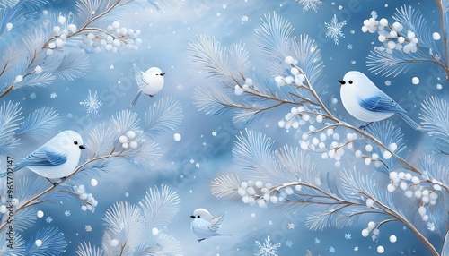 Whimsical winter scene featuring delicate blue birds perched on snowy branches adorned with white berries, creating a serene and magical atmosphere