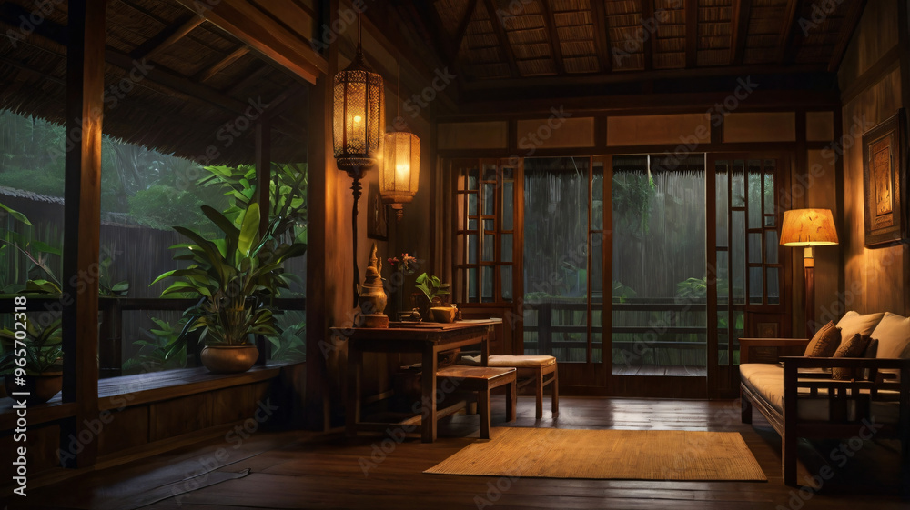 Naklejka premium traditional classic thai house at night