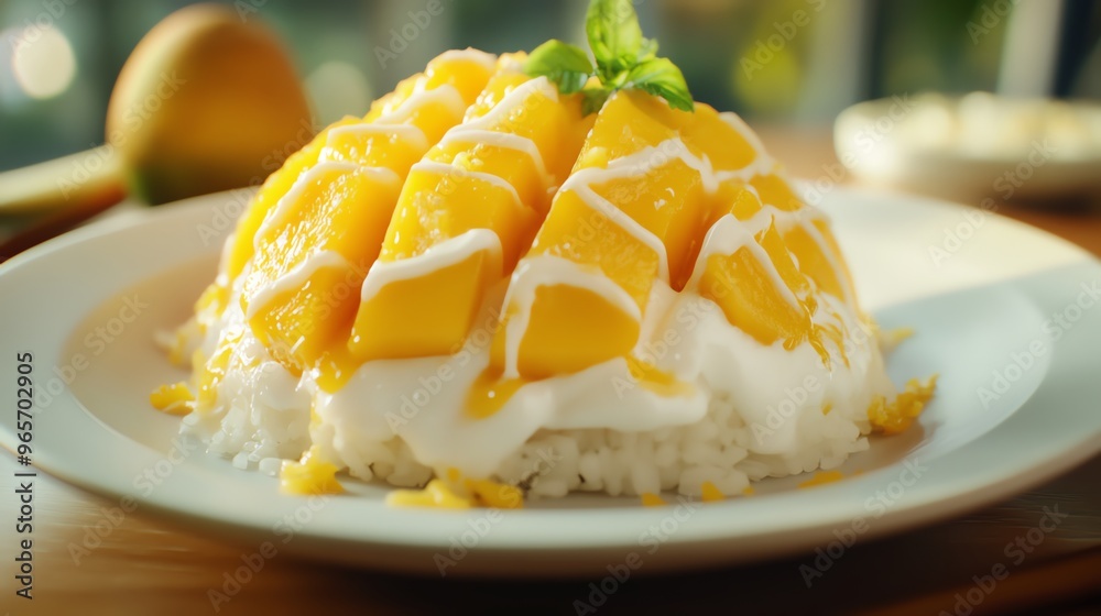 Delicious mango sticky rice topped with fresh mango slices and coconut cream, perfect for dessert lovers. Delicious mango sticky rice topped with fresh mango slices and coconut cream, perfect for dessert lovers.