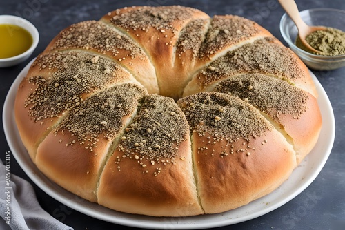 A fluffy round loaf of lebanese manoushe bread topped with zaatar and olive oil, AI Generated photo