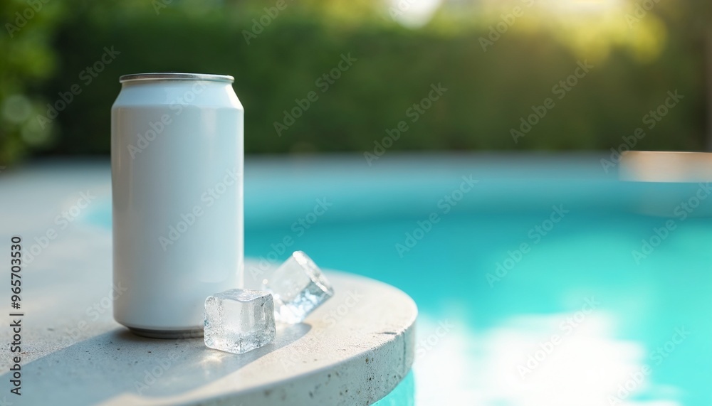 White Can Mockup with Ice Cubes by the Poolside White Can Mockup with Ice Cubes by the Poolside