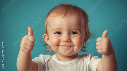 Cheerful infant is grinning and showing double thumbs-up on a turquoise backdrop