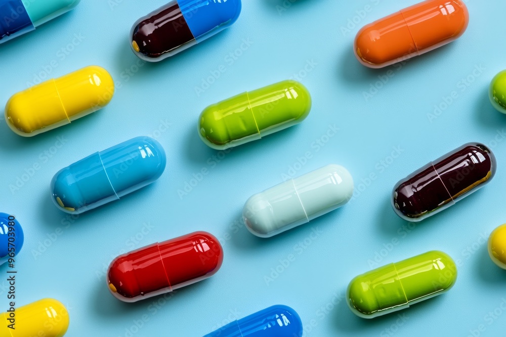 Array of Colorful Pills and Capsules on Blue Background Array of Colorful Pills and Capsules on Blue Background