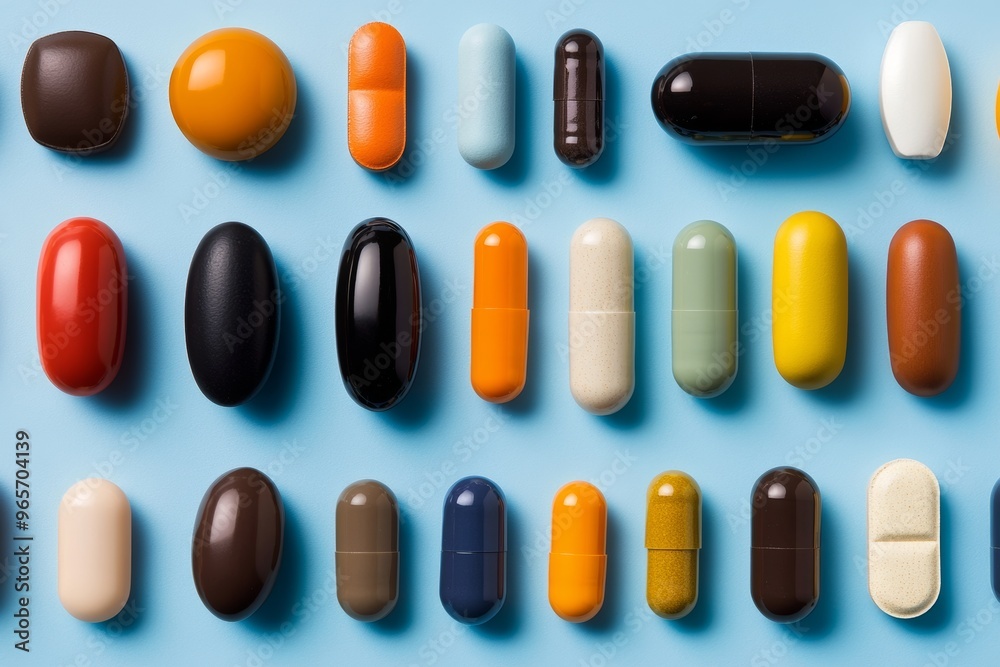 Array of Colorful Pills and Capsules on Blue Background Array of Colorful Pills and Capsules on Blue Background