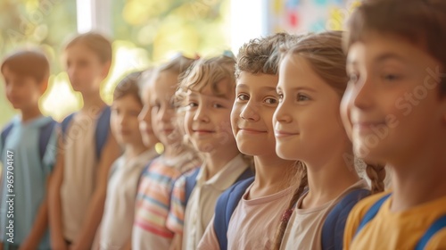 Excited school children in the morning, eagerly lined up in front of the classroom