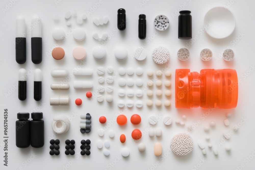 Grid of Various Pills and Capsules Arranged in Rows Grid of Various Pills and Capsules Arranged in Rows