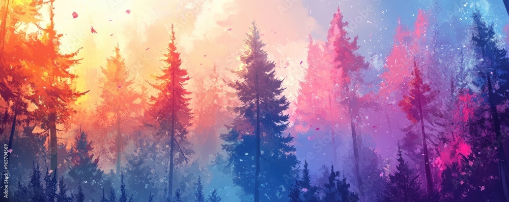 Fantasy Forest with Christmas Trees in the Sky, Colorful Digital Art Style Illustration Fantasy Forest with Christmas Trees in the Sky, Colorful Digital Art Style Illustration