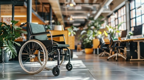 Disability inclusion at a workplace, with accessible desks and meeting areas