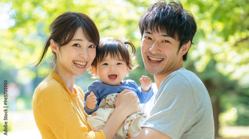 Happy Japanese family in a park. The mother is holding one child and the father is holding another baby in his arms. They are all smiling at the camera. against a green background Happy Japanese family in a park. The mother is holding one child and the father is holding another baby in his arms. They are all smiling at the camera. against a green background