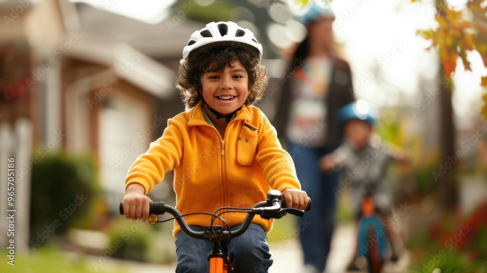 Child biking in neighborhood, with parents walking behind, smiling and chatting Child biking in neighborhood, with parents walking behind, smiling and chatting
