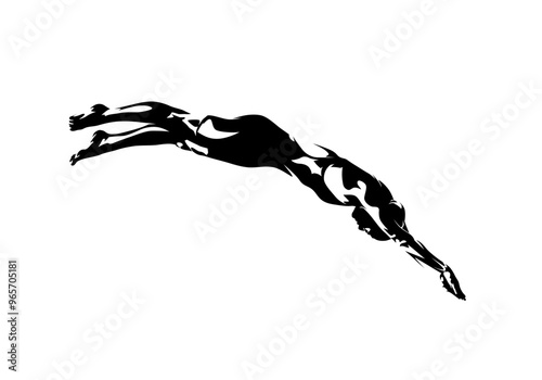 Swim start, woman starting swimmimg, isolated vector silhouette