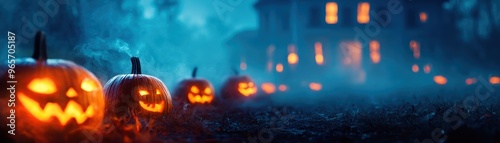 Spooky pumpkins glow in the misty night, leading to an eerie house on Halloween. Perfect for seasonal decorations and themes.