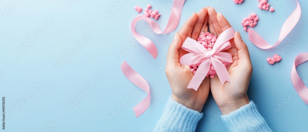 Hands holding a delicate gift with a pink ribbon on a soft blue background, perfect for celebrations and special moments. Hands holding a delicate gift with a pink ribbon on a soft blue background, perfect for celebrations and special moments.
