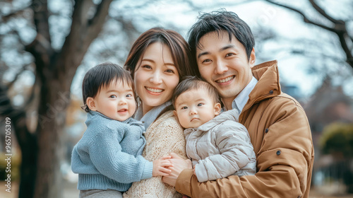 Happy Japanese family in a park. The mother is holding one child and the father is holding another baby in his arms. They are all smiling at the camera. against a green background