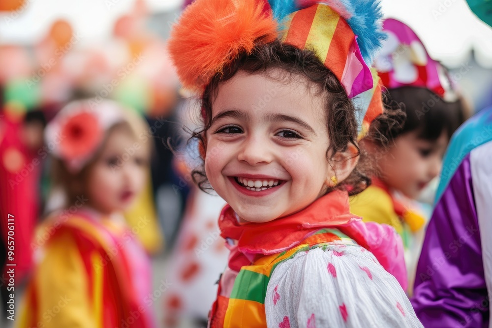 Little girl smiling and wearing a colorful clown costume for carnival Little girl smiling and wearing a colorful clown costume for carnival
